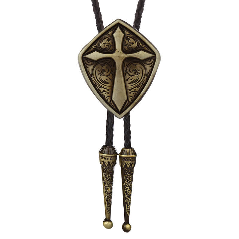 Antiqued Etching Cross Roman Shield Bolo Tie - Antique Bronze - image 0