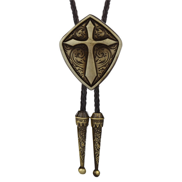 Antiqued Etching Cross Roman Shield Bolo Tie - Antique Bronze - image 0