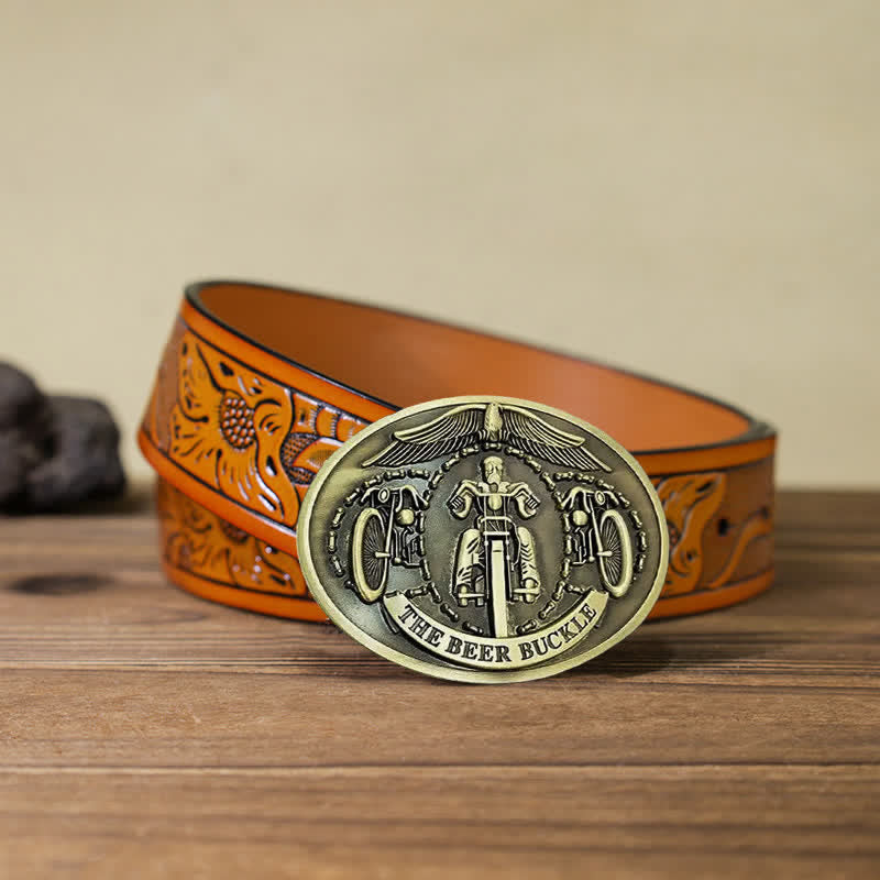 Men's DIY Bicycle Rider Creative Beer Holder Buckle Leather Belt - Bronze - Orange Carved Belt (40) - image 33