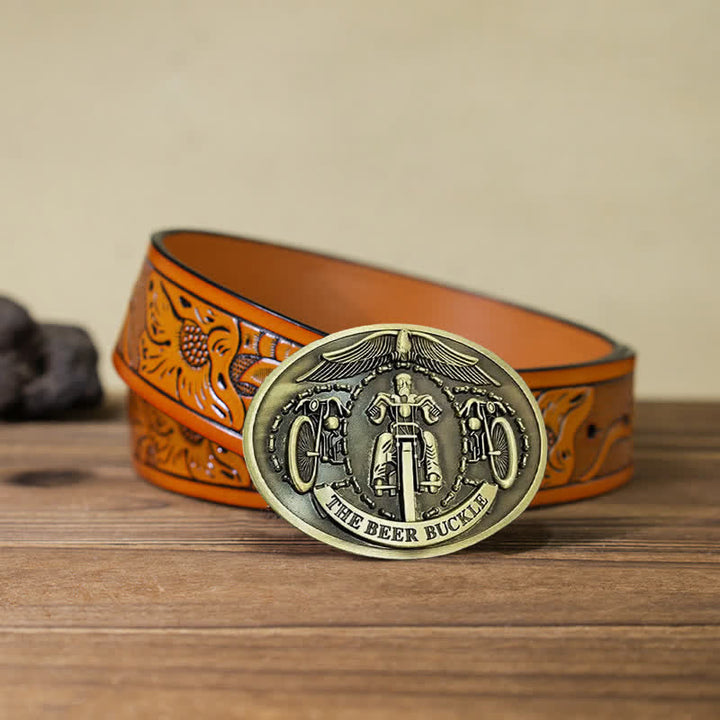 Men's DIY Bicycle Rider Creative Beer Holder Buckle Leather Belt - Bronze - Orange Carved Belt (40) - image 33