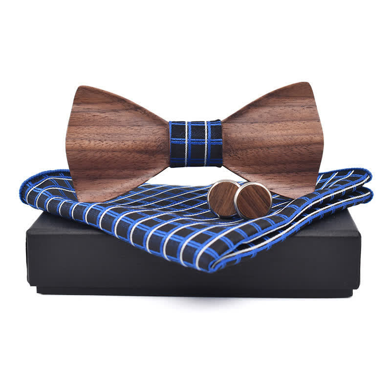 3Pcs Men's Black Walnut Wooden Bow Tie Set - Royal Blue - image 12