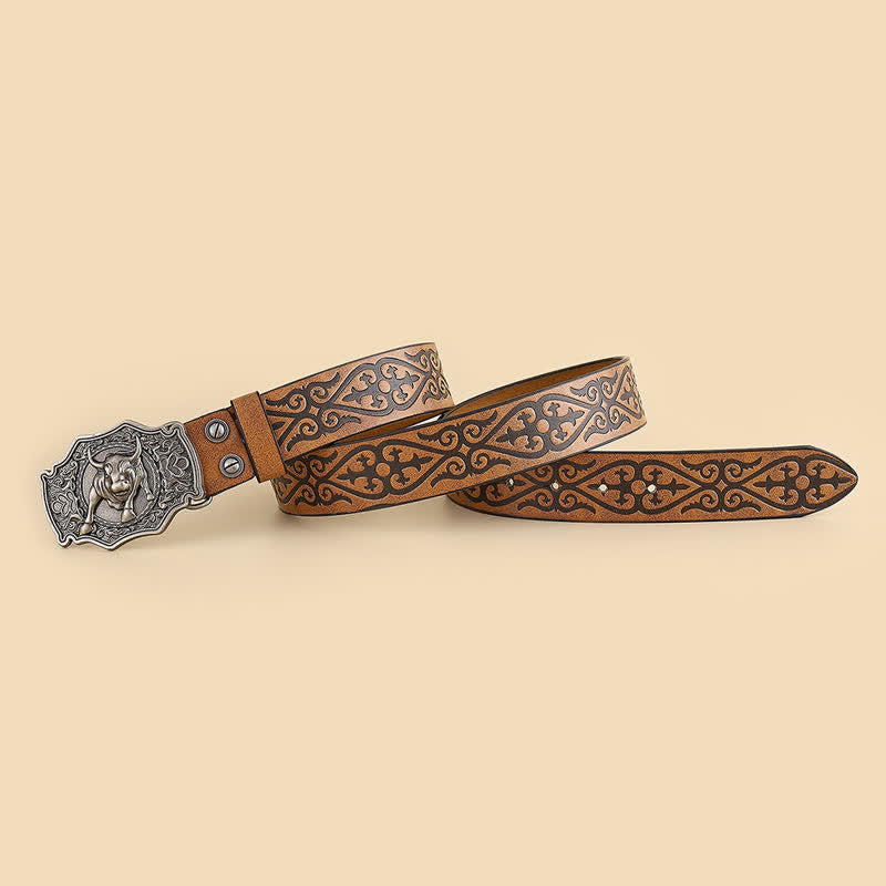 Men's Yak Matador Bull Engraved Floral Leather Belt - image 2