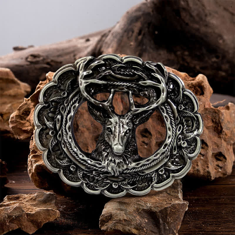 Men's DIY Hollow 3D Elk Antler Buckle Leather Belt - Antique Silver - Without Belt - image 0