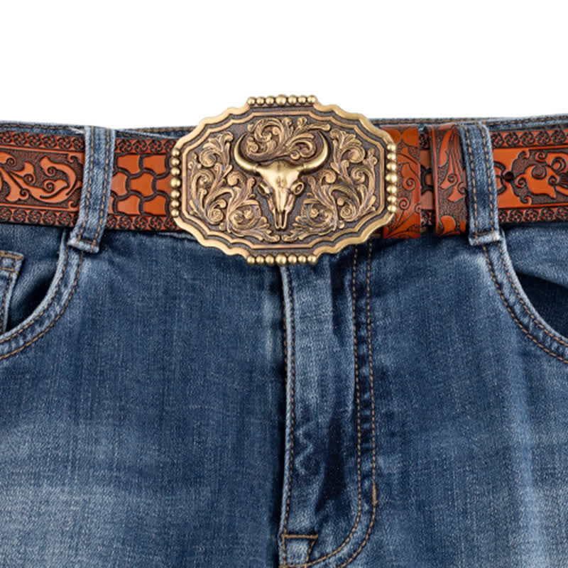 Men's Classic Floral Bull Skull Leather Belt - image 4