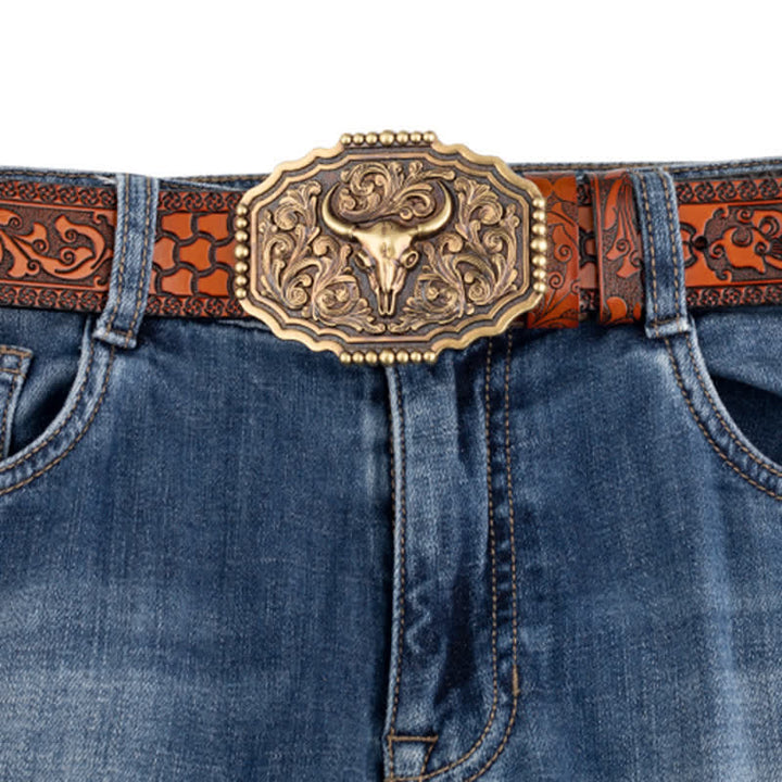 Men's Classic Floral Bull Skull Leather Belt - image 4