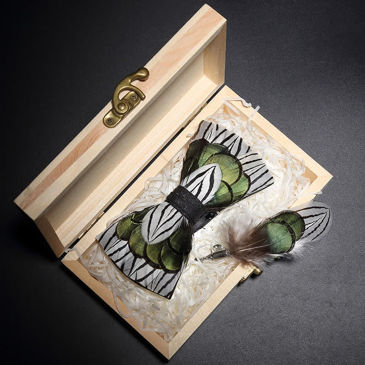 Green & White Forest Feather Bow Tie with Lapel Pin - Adult - image 0