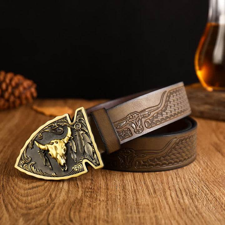 Men's Domineering Bull Head Ethnic Style Leather Belt - Coffee / Gold - 42 - image 2