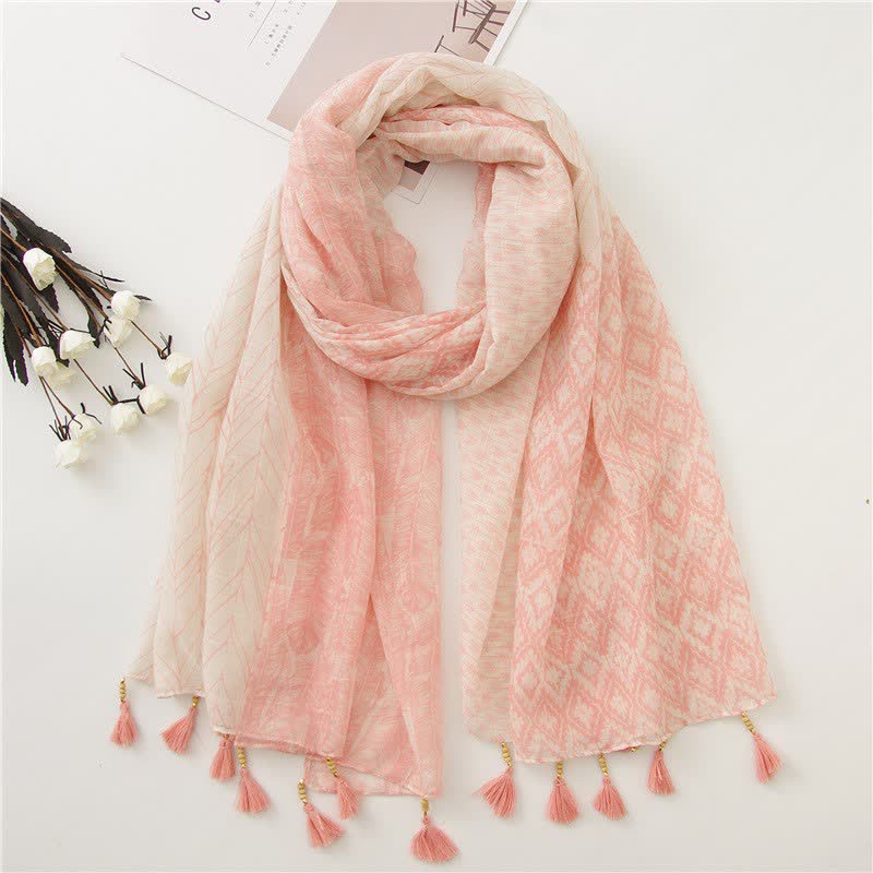 Women's Feather Pattern Beaded Tassels Scarf - Pink - image 9