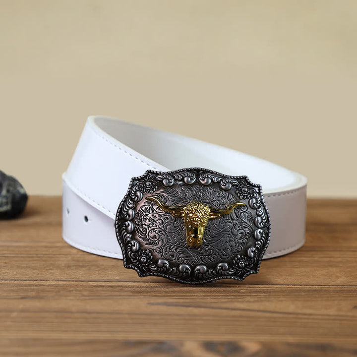 Men's DIY Longhorn Bull Antiqued Silver Buckle Leather Belt - Gold - White PU Belt (40) - image 6