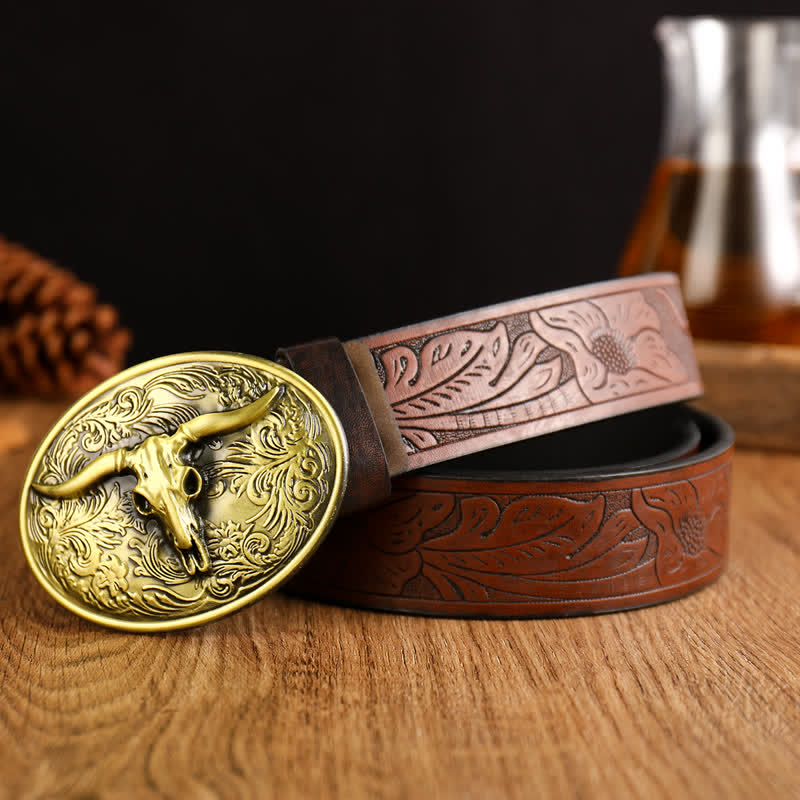 Men's Vintage Floral Longhorn Bull Leather Belt - Brown / Gold - 42 - image 8