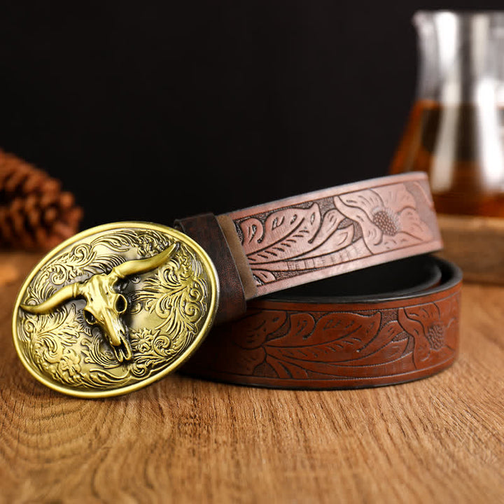 Men's Vintage Floral Longhorn Bull Leather Belt - Brown / Gold - 42 - image 8