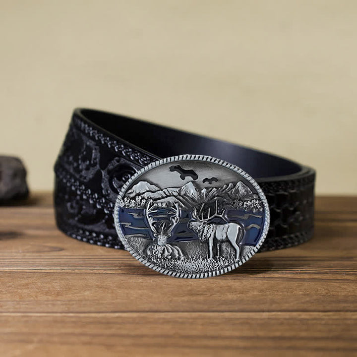 Men's DIY Enamel Wild Life Deer Buckle Leather Belt - Antique Silver - Black Carved Belt (40) - image 8