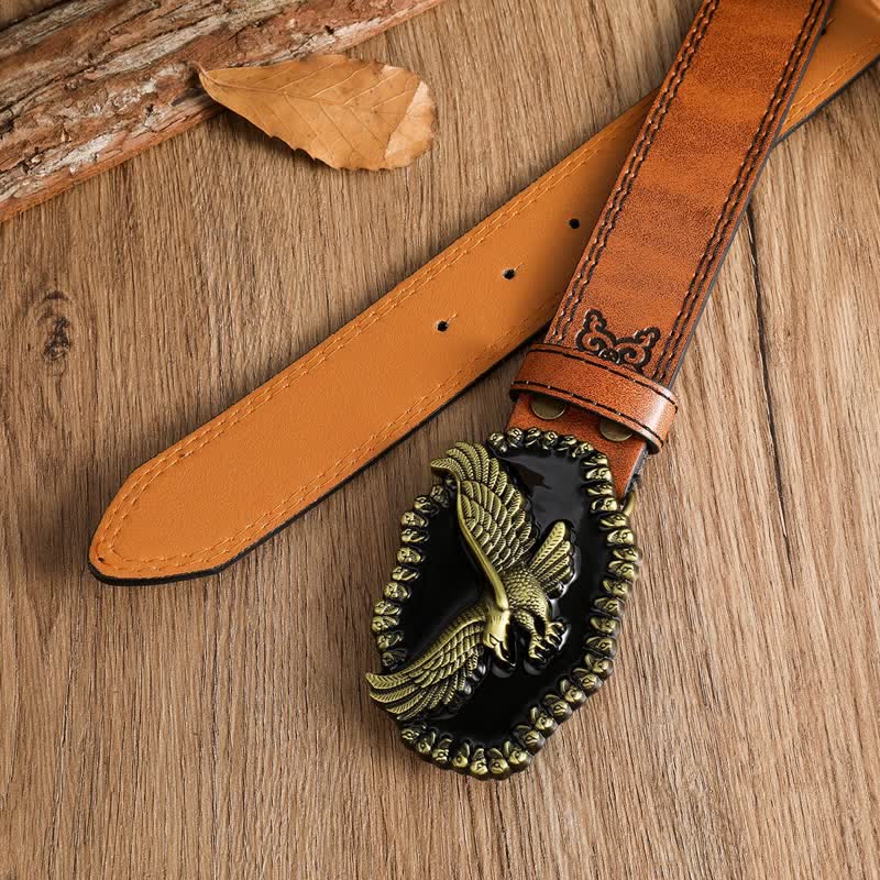 Men's Antique Gold Eagle Soaring Hawk Leather Belt - image 3