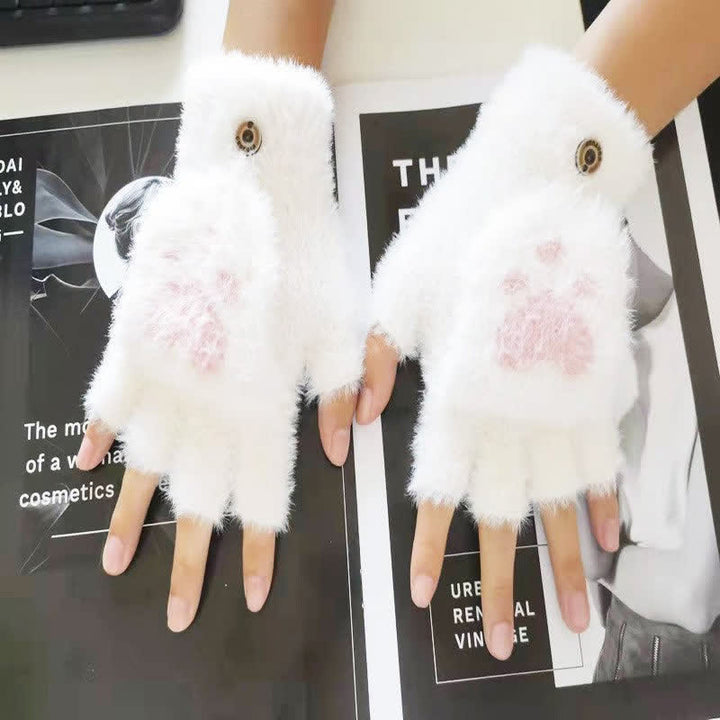 Women's Warm Cat Paw Print Mittens Fluffy Gloves - White - image 6