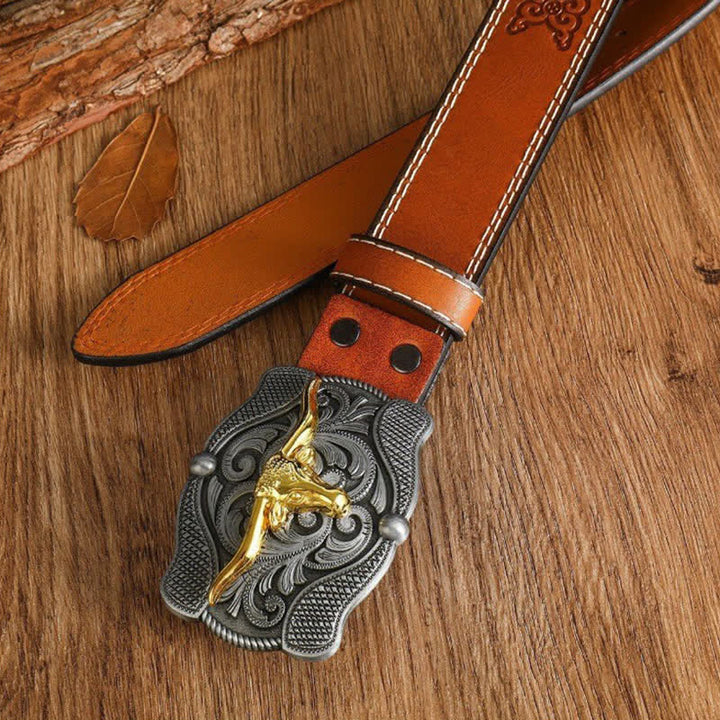 Men's Square Golden Longhorn Bull Leather Belt - image 5