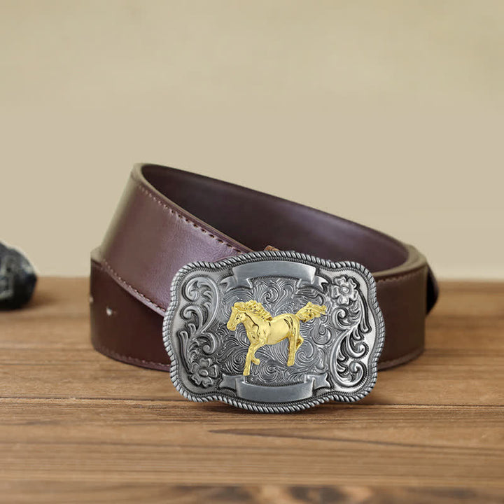 Men's DIY Gold Carving Animal Buckle Leather Belt - Horse - Brown PU Belt (40) - image 5