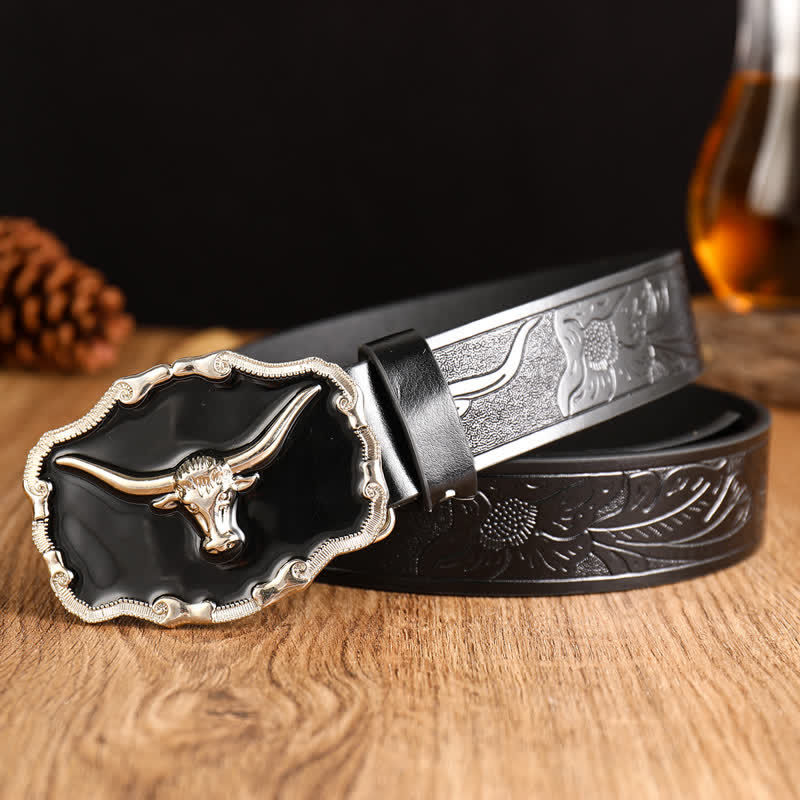 Men's Black Western Longhorn Bull Head Leather Belt - Black - 40 - image 5