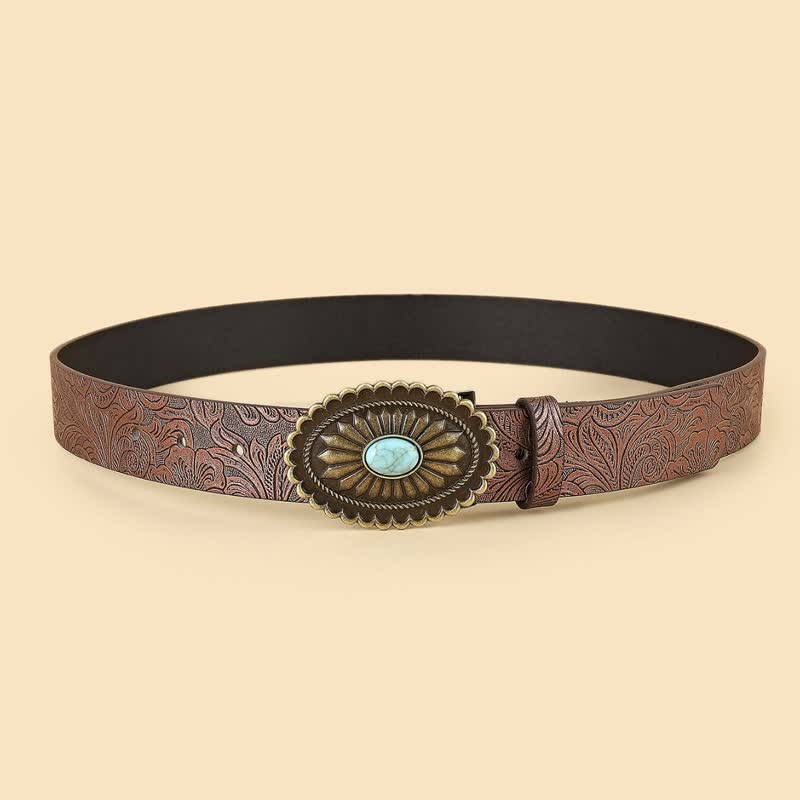 Women's Bohemian Style Vintage Turquoise Flower Leather Belt - image 1