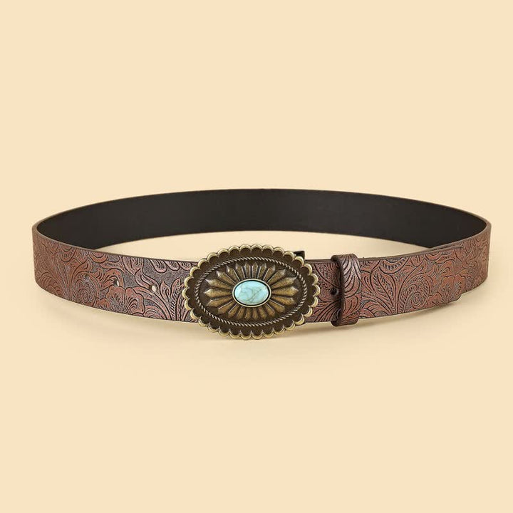Women's Bohemian Style Vintage Turquoise Flower Leather Belt - image 1