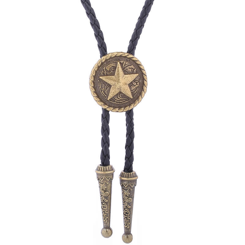 Five-Pointed Star Braided Leather Cord Bolo Tie - Antique Gold - image 0