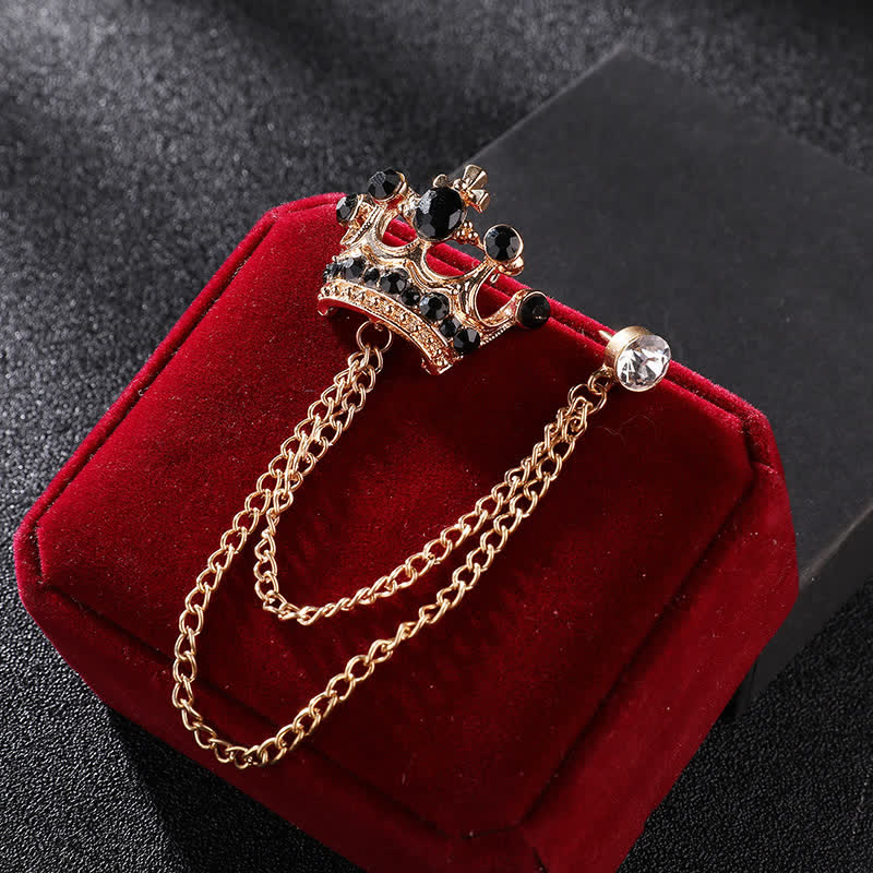 Men's Retro Crown Chain Rhinestones Brooch - Gold & Black - image 7