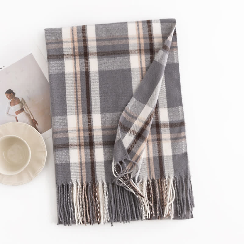 Women's Versatile British Checked Fringe Scarf - Gray - image 10