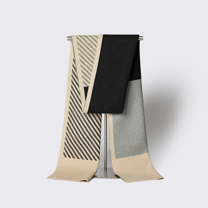 Men's Color Contrast Striped Pure Wool Scarf - Ivory - image 9