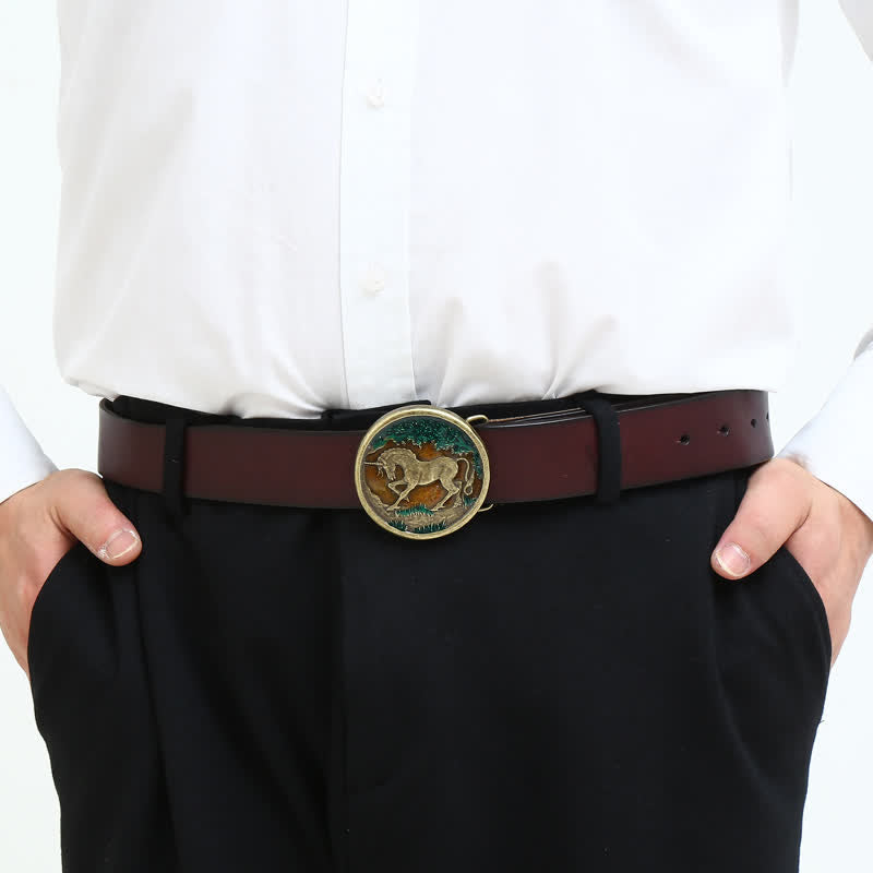 Men's DIY Mystical Unicorn Antique Bronze Buckle Leather Belt - image 2