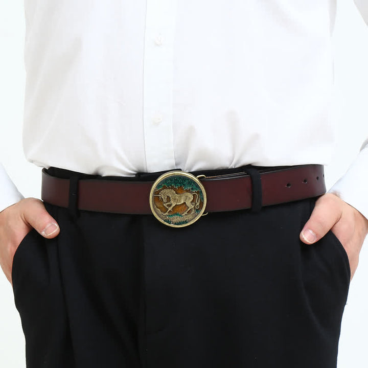 Men's DIY Mystical Unicorn Antique Bronze Buckle Leather Belt - image 2