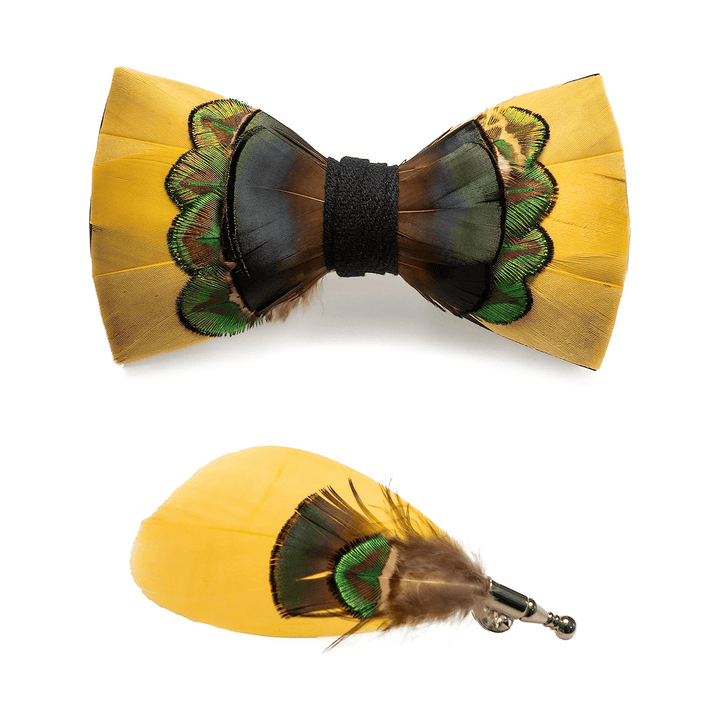 Bright Yellow & Green Peacock Feather Bow Tie with Lapel Pin - image 3