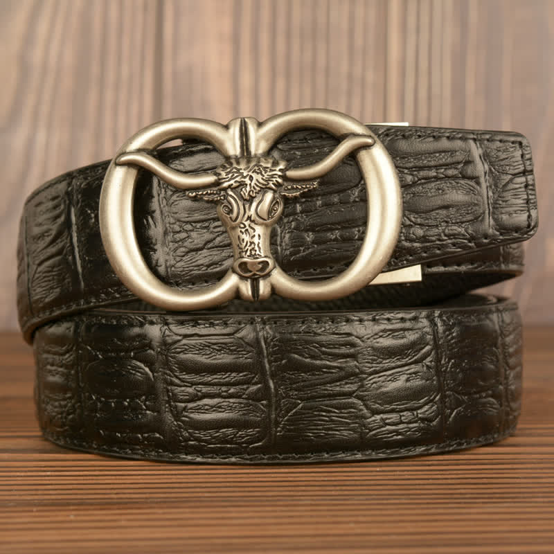 Men's Giant Ox Crocodile Pattern Leather Belt - Silver & Black - Crocodile Skin - 44 - image 12