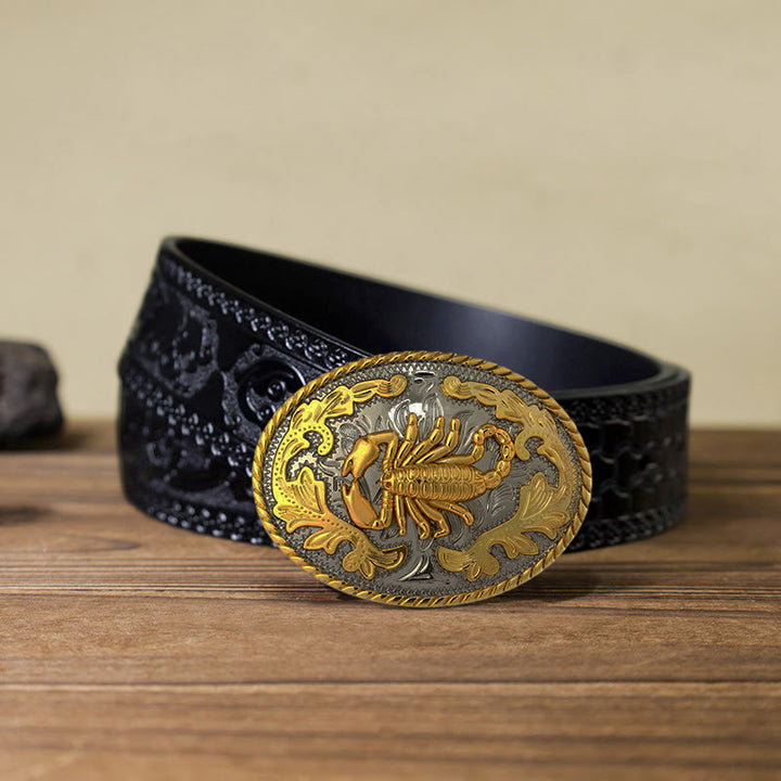 Men's DIY Golden Scorpion Buckle Leather Belt - Oval - Black Carved Belt (40) - image 16