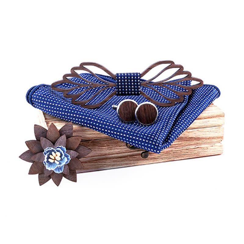 4Pcs Men's Hollow Leaves-shaped Wooden Bow Tie Set - Navy Line - image 8