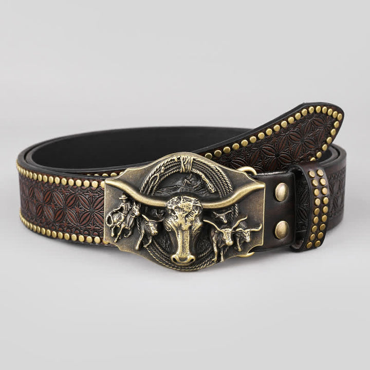 Men's Vintage Western Longhorn Bull Leather Belt - image 2