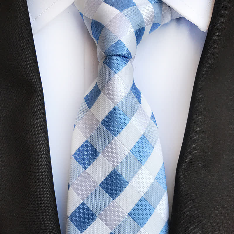 Men's Contrasting Colors Plaid Casual Necktie - SkyBlue & White - image 0
