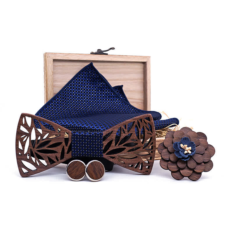 4pcs Men's Hollow Leaf Wooden Bow Tie Set - image 2