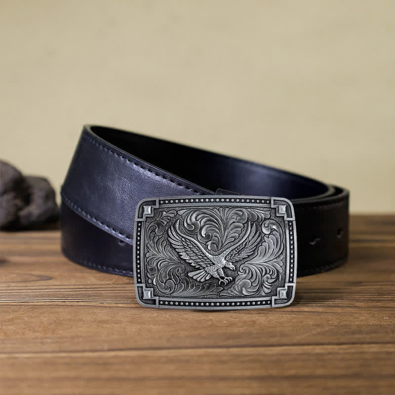 Men's DIY Soaring Eagle In Dreamy Sky Buckle Leather Belt - Antique Silver - Black PU Belt (40) - image 6