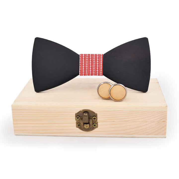 2Pcs Men's Black Wooden Bow Tie Cufflinks Set - Pink Dotty - image 18