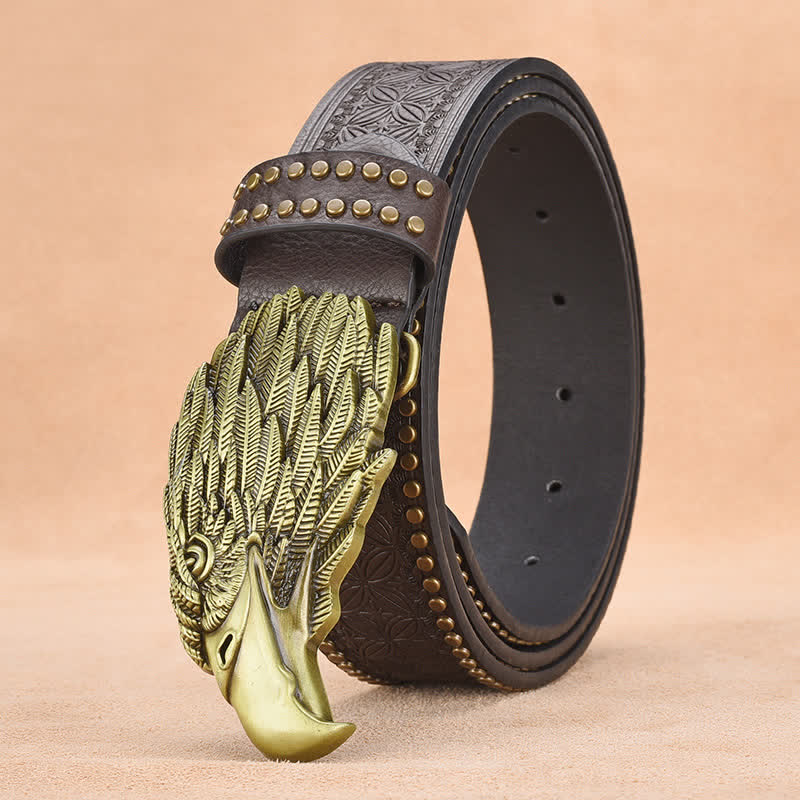 Men's Eagle Vulture Head Steer Rivet Leather Belt - Coffee - 44 - image 7