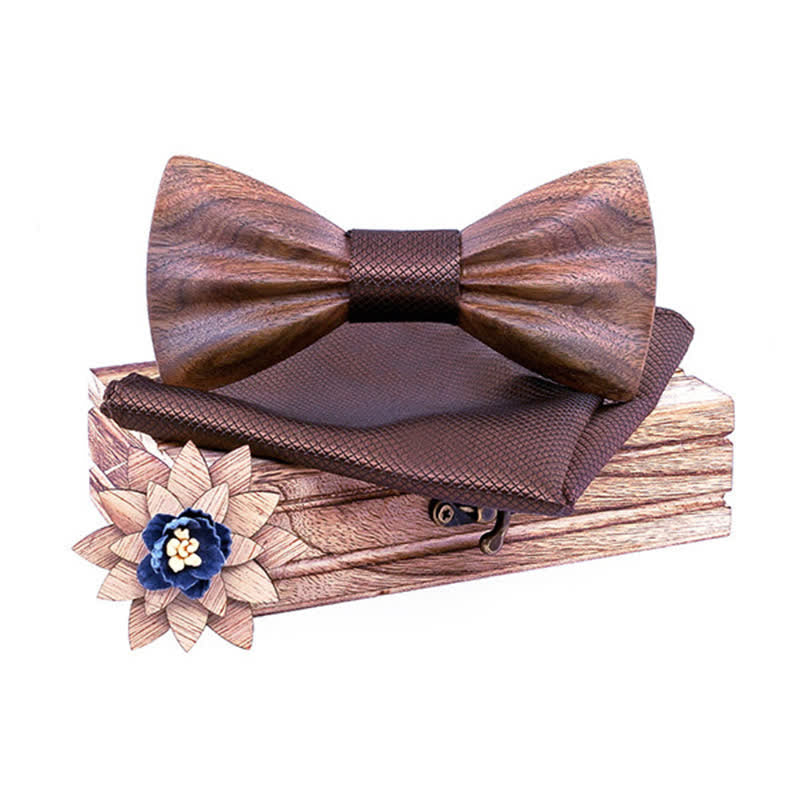 3Pcs Men's Hand Carved Crease Wooden Bow Tie Set - Walnut - Brown - image 6