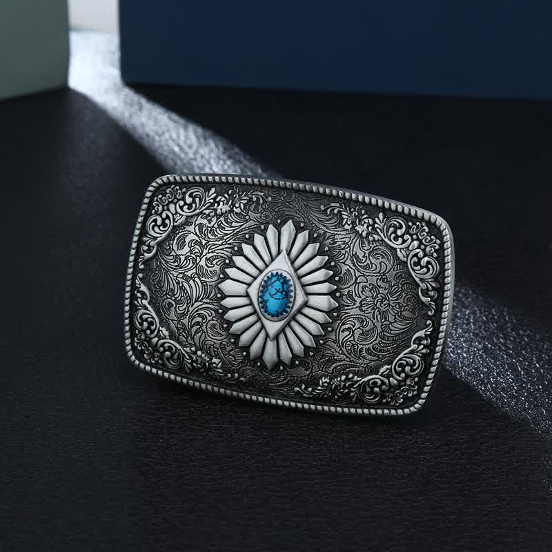 Men's DIY Square Turquoise Western Buckle Leather Belt - Antique Silver - Without Belt - image 0
