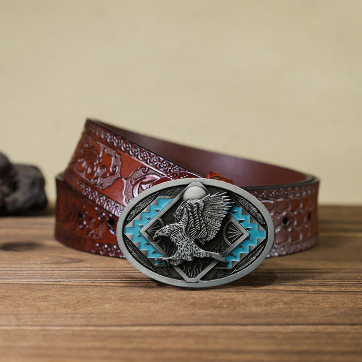 Men's DIY Enamel Landing Eagle Buckle Leather Belt - Eagle - Brown Carved Belt (40) - image 9