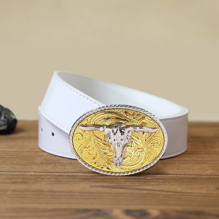 Men's DIY Shining Golden Bull Head Buckle Leather Belt - Bull - White PU Belt (40) - image 6