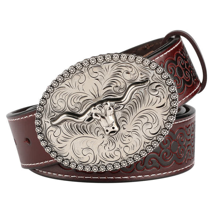 Men's Engarved Feather Bull Jeans Leather Belt - Style #2 - Brown / Silver - 46 - image 20