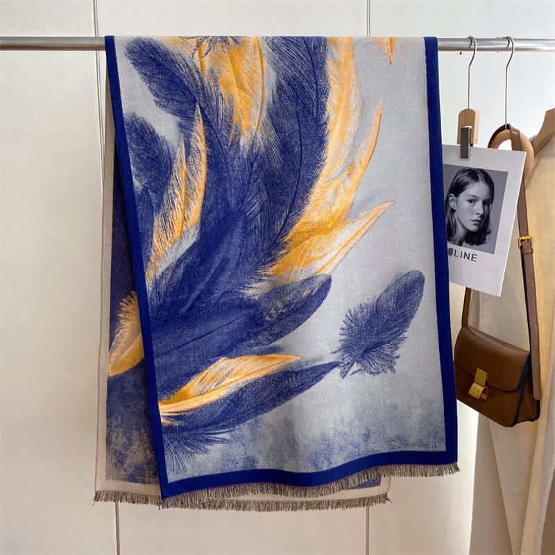 Women's Magnificent Scene Oil Painting Thickened Scarf - Blue Feather - image 9