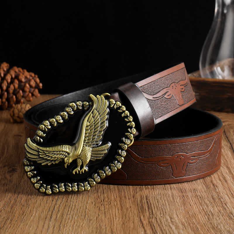 Men's Antique Gold Eagle Soaring Hawk Leather Belt - Brown - 42 - image 0