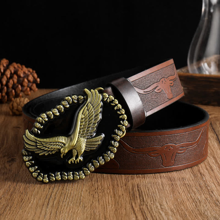 Men's Antique Gold Eagle Soaring Hawk Leather Belt - Brown - 42 - image 0
