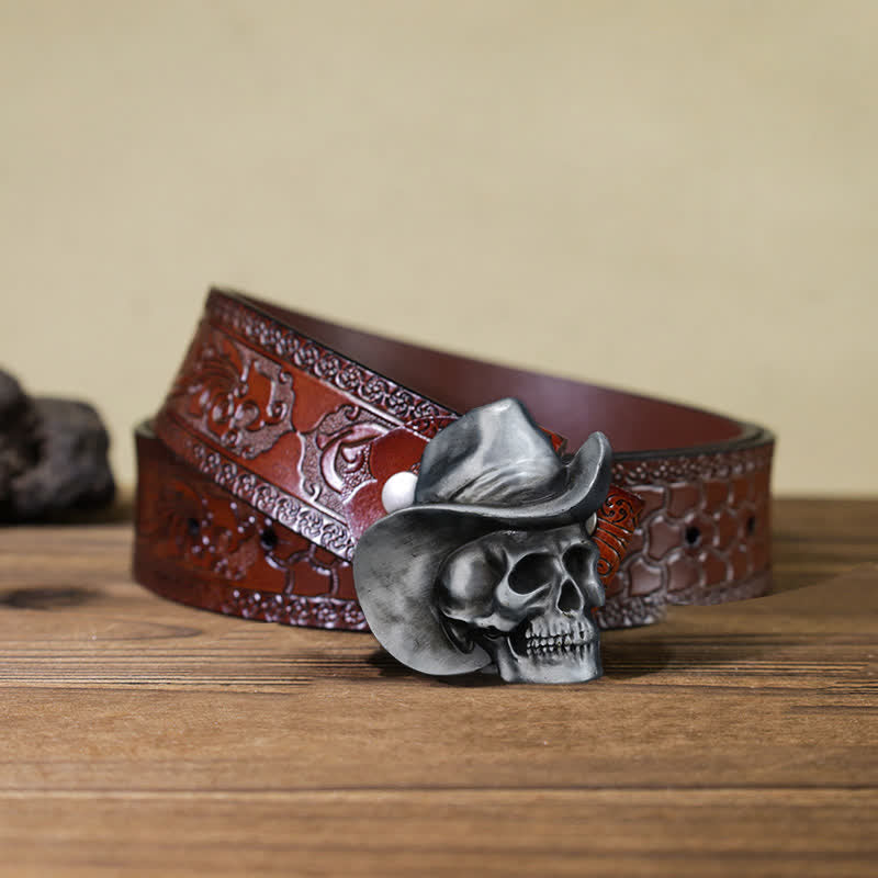 Men's DIY Creative Skull Head With Hat Buckle Leather Belt - Skull Head - Brown Carved Belt (40) - image 11