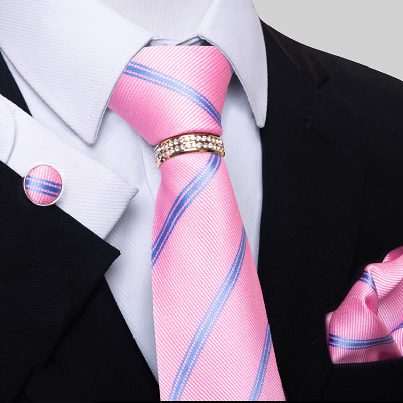 4Pcs Men's Striped Necktie Set With Tie Ring - Pink - image 5