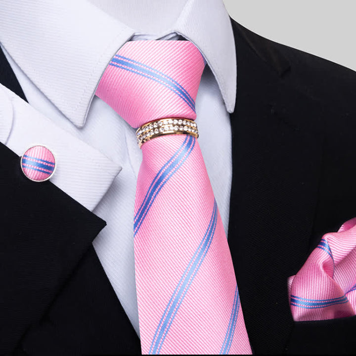 4Pcs Men's Striped Necktie Set With Tie Ring - Pink - image 5
